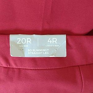 NWT $79 CHICO'S RED "SO SLIMMING" STRAIGHT LEG PANTS SZ 20 (Chico's 4)